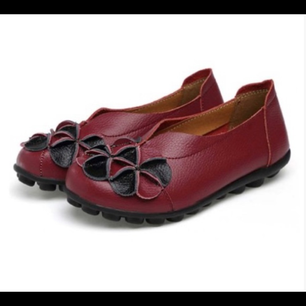 Wine Red Floral Loafers - Women